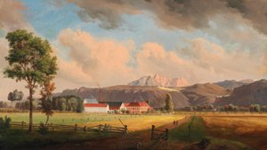 Ebenthal near Klagenfurt to the South, in the Foreground the Großnighof with Manor House and Factory Grounds of the Puntschart Family, in the Background Ebenthal Castle and the Hochobir by Marko Pernhart